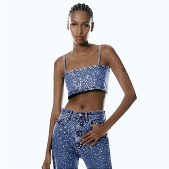 Zara Blue Denim Rhinestone Embellished Crop Top - Picture 8 of 12